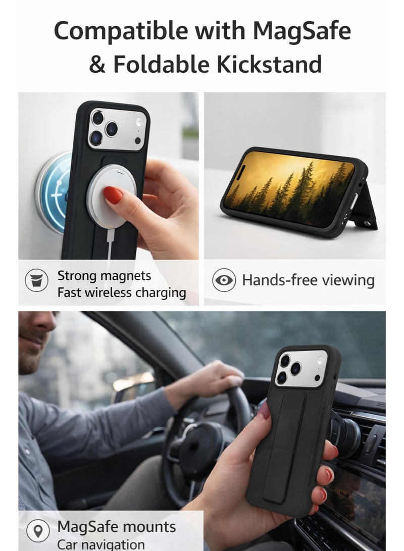 COVERSCART Apple iPhone 17 Pro Premium Silicon Case with Magnetic Stand & Finger Grip, Car Mount Compatible Kickstand Cover – Black - Image 5